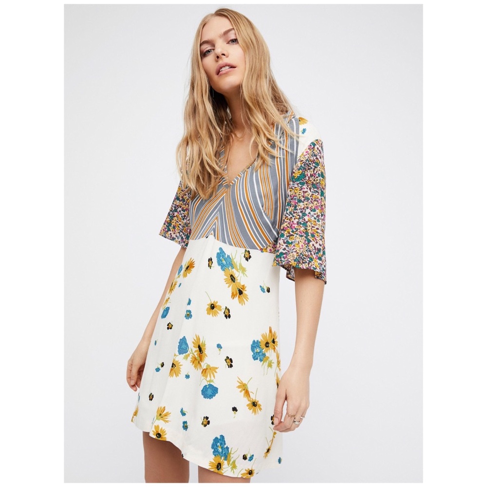 Free People Floral Mini Dress - White, Blue, Yellow